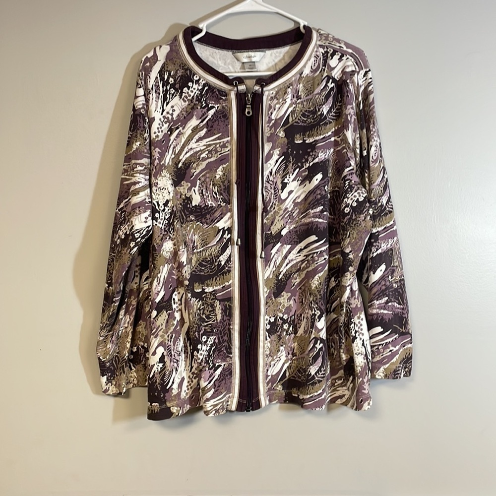 CJ Banks 2X - light weight zipper front long sleeve top, Patterned in mauves